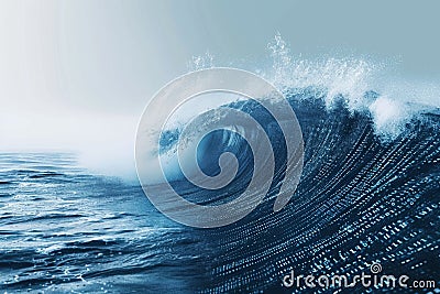 A massive wave crashes violently in the middle of the vast ocean, creating a powerful display of natures might, Binary code Stock Photo