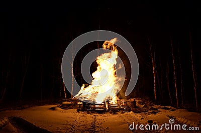 Massive wood fire in winter Stock Photo