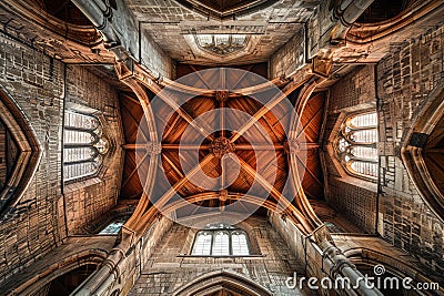 massive wooden beams beneath the vaulted ceilings of an ancient cathedral. Close up Cartoon Illustration