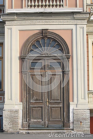 Massive wooden entrance door to the Teplov mansion. Close-up Stock Photo