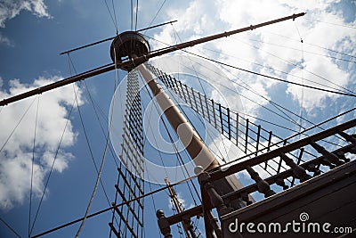 Mast and rigging on a sailing ship Stock Photo