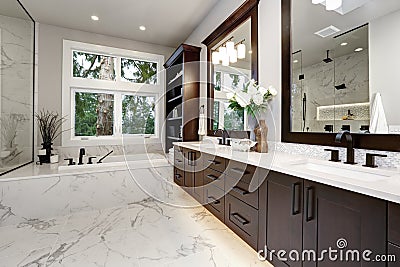 Master bathroom interior in luxury modern home with dark hardwood cabinets, white tub and glass door shower Stock Photo