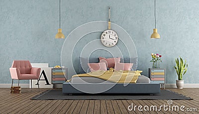 Master bedroom in pastel colors with vintage furniture Stock Photo