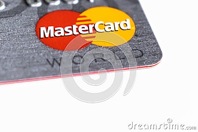 Master Card logo close-up with white background Editorial Stock Photo