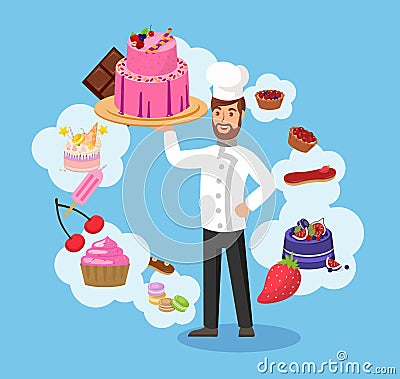 Master Chef with Bakery Color Vector Illustration Vector Illustration