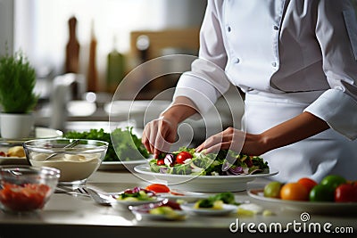 Master chef cook woman hands precisely cooking dressing preparing tasty fresh delicious mouthwatering gourmet dish food Stock Photo