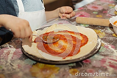 Master class for children on cooking Italian pizza Stock Photo