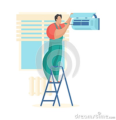 Master cleans air conditioner. Technical service for maintenance ventilation systems Vector Illustration