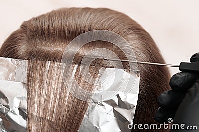 The master collect up the hair on his head for coloring close-up Stock Photo