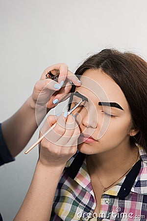 Master coloring female brows with henna Stock Photo