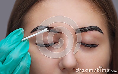 Master corrects makeup, it gives shape and color the eyebrows henna in a beauty salon, Spa. Stock Photo