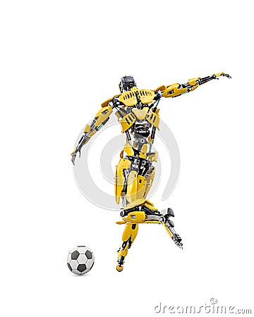 Master cyber robot is kicking the football ball rear view Cartoon Illustration