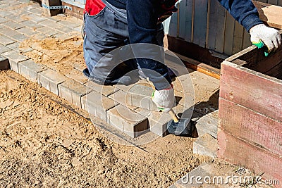 The master in lays paving stones in layers. Garden brick pathway paving by professional paver worker. Laying gray concrete paving Stock Photo