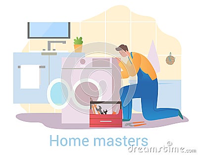 Master repairs washing machine Vector Illustration