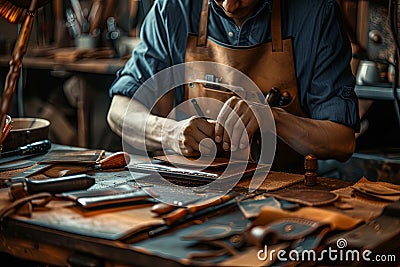 Master tanner in his leather workshop working on a leather wallet Stock Photo