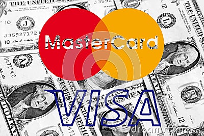 Mastercard and visa logo on money Editorial Stock Photo