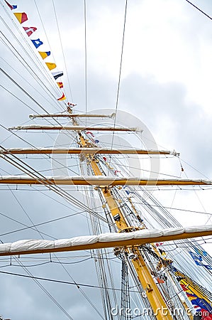 Masting of big wooden sailing ship, detailed rigging without sails Stock Photo