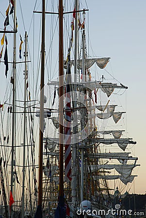 Masts, rigging and yards of tall ships at sunset Editorial Stock Photo