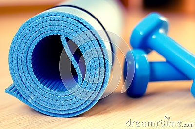 Mat yoga fitness classes and dumbbells - filter instagram Stock Photo