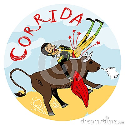 Matador being tossed in the air by an angry bull Vector Illustration