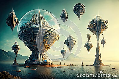 Mataram, Nusa Tenggara Barat, Indonesia Futuristic Cityscape. Generative AI. Stock Photo