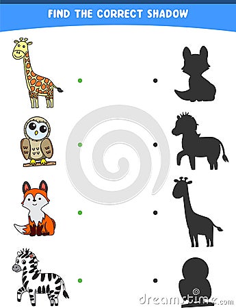 vector illustration finding the correct shadow wild animals giraffe owl fox zebra Vector Illustration