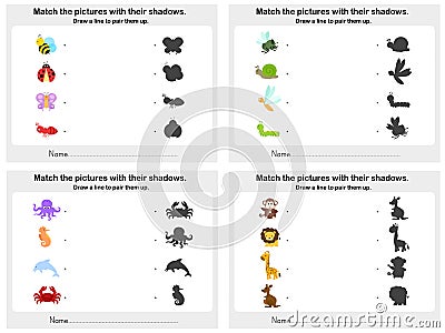 Match animal shadow 4 sheet - Worksheet for education Vector Illustration
