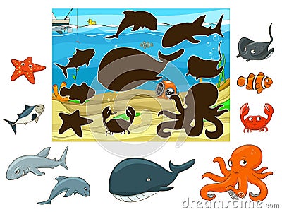 Match the animals and fish to their shadows Vector Illustration