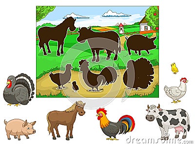 Match the animals to their shadows child game Vector Illustration