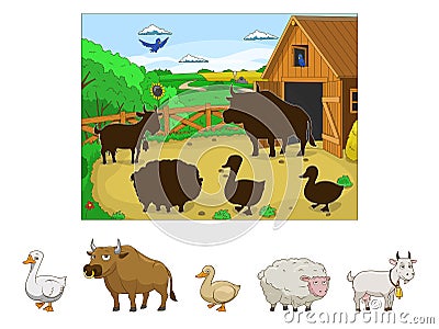 Match the animals to their shadows child game Vector Illustration