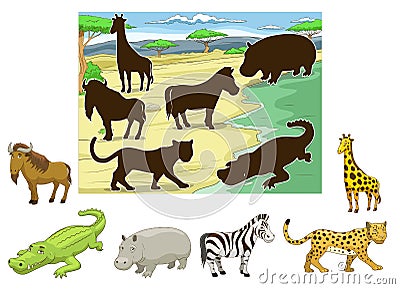 Match animals to their shadows educational game Vector Illustration