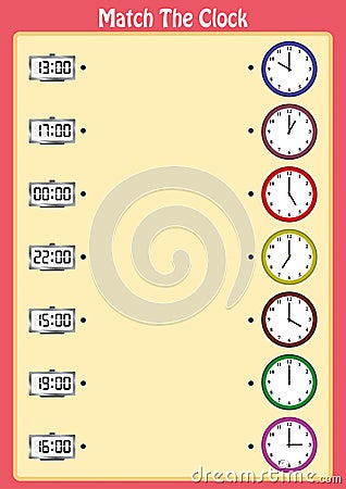 match the clocks, kids learn to read analog clocks with this matching math game, worksheet Stock Photo