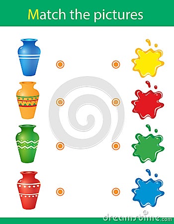 Match by color. Puzzle for kids. Matching game, education game for children. What color are the vases? Worksheet for preschoolers Vector Illustration