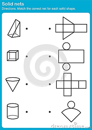 Match the correct net for each solid shape. - Worksheet for education Vector Illustration