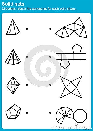 Match the correct net for each solid shape. - Worksheet for education Vector Illustration