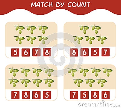 Match by count of cartoon olives. Match and count game. Educational game for pre shool years kids and toddlers Vector Illustration