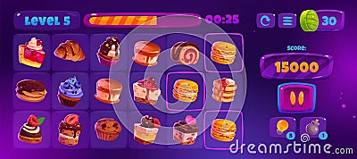 Match 3 game interface with cute cakes icons Vector Illustration