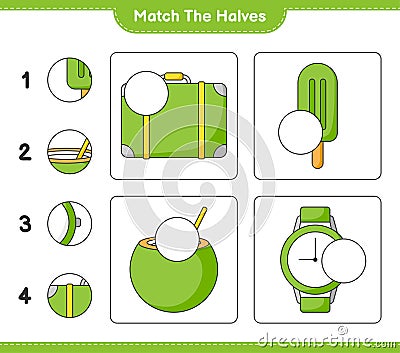 Match the halves. Match halves of Luggage, Ice Cream, Coconut, and Watches. Educational children game Vector Illustration