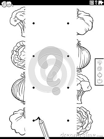 Match halves of vegetables pictures coloring book page Vector Illustration