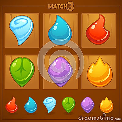 Match 3 Mobile Game, games objects, earth, water, fire, Vector Illustration