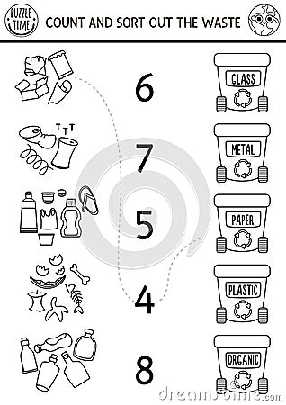 Match the numbers black and white ecological game with garbage, rubbish bins. Zero waste math activity. Eco awareness educational Vector Illustration