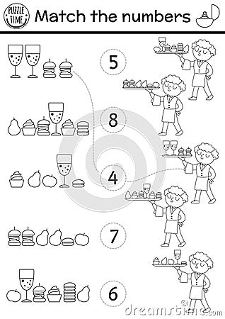 Match the numbers black and white wedding game with waiter and candy bar food. Marriage ceremony math line activity for preschool Vector Illustration