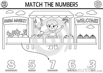 Match the numbers farm black and white game with farm market vendor. Rural country math activity for preschool kids. On the farm Vector Illustration