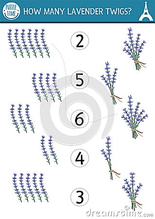 Match the numbers game with lavender bunch. Math activity for preschool kids with traditional French flower. France plant Vector Illustration