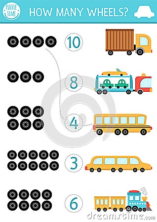 Match the numbers transportation game with vehicles. City transport math activity for preschool kids. Educational counting Vector Illustration