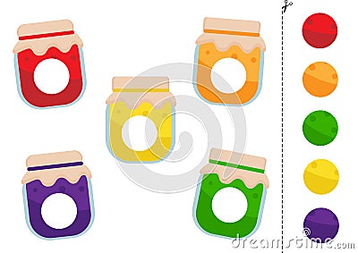 Match parts of colorful jam jars. Logical game for kids Vector Illustration