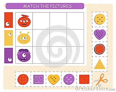Match the pictures. Find the correct color. Funny monsters. Activity educational game for children. Vector Illustration