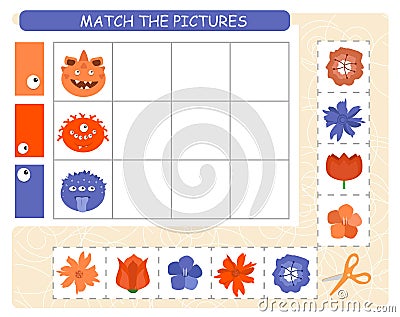 Match the pictures. Find the correct color. Funny monsters. Activity educational game for children. Vector Illustration