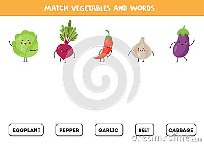 Match pictures of cute kawaii vegetables with the words. Vector Illustration