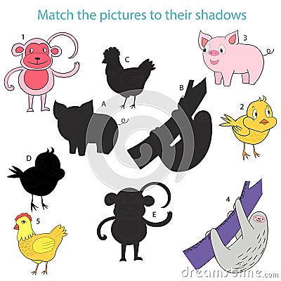 Match the pictures to their shadows child game Vector Illustration